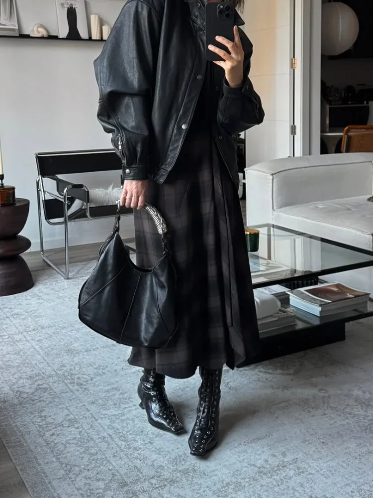 Casual bruine geruite midi-rok Damesmode Hoge taille A-lijn Geplooide rokken 2026 Lente Feest Dagelijks Outdoor Trendy kledij Nieuw