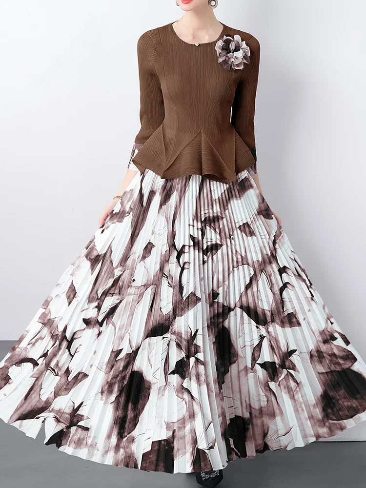 

Women's Slim with Floral Top Elastic Waist Skirt Women's Suit New Tide Miyake 2025 Summer New Fashion Pleated Two-piece