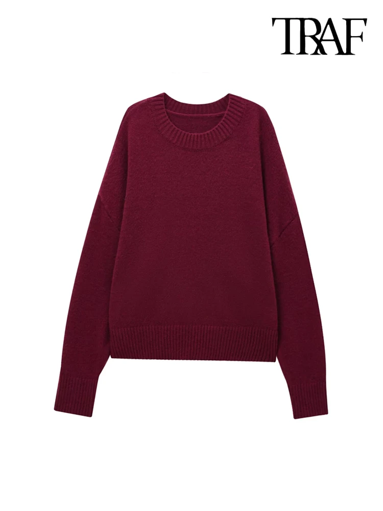 TRAF-Women's Soft Touch Oversized Knit Sweater, O Neck, Long Sleeve, Female Pullovers, Chic Tops, Fashion