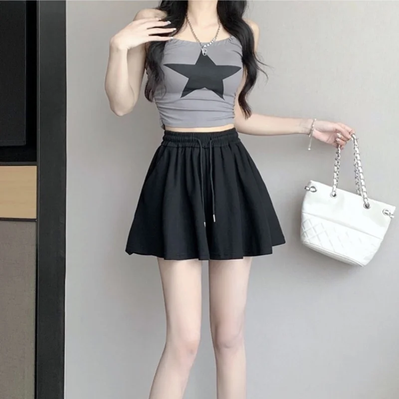 2026 Summer Korean Style Black High Waist Pleated Ballet Skort Women Slim Loose Wide Leg Culottes Casual Versatile Skirt Shorts