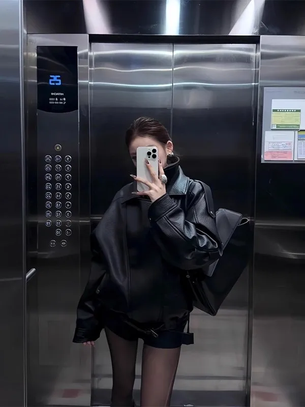 Bla Leder Jaet Damen ort Sle Cool und Rot Frühling Herbst Neuankömmling Motorrad Vintage gepolsterter PU-Ledermantel