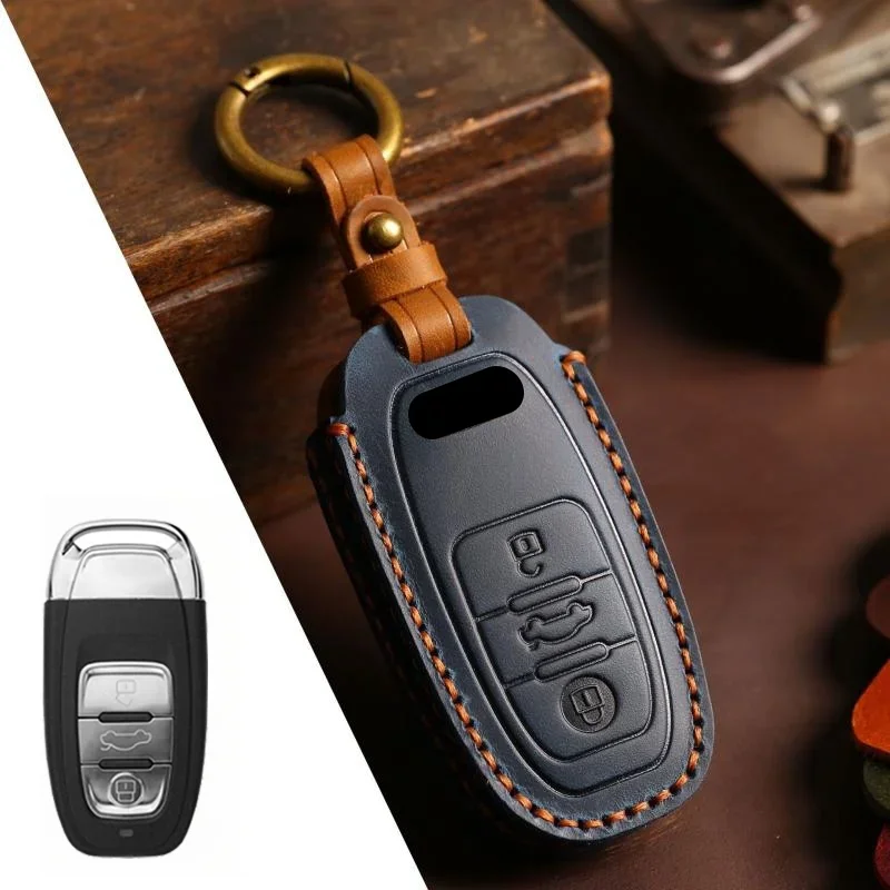 

1pc Genuine Leather Car Remote Smart Key Fob Case Cover Holder Bag With Keychain For Audi A3 A4 A5 A6 A7 A8 Q3 Q5 Q7 TT RS R8