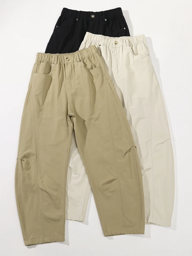 

American Sle Loose Cotton Casual Pants Men's Wide Leg Knife Pants Elastic Waist Workwear Slimming Nine Point Pants