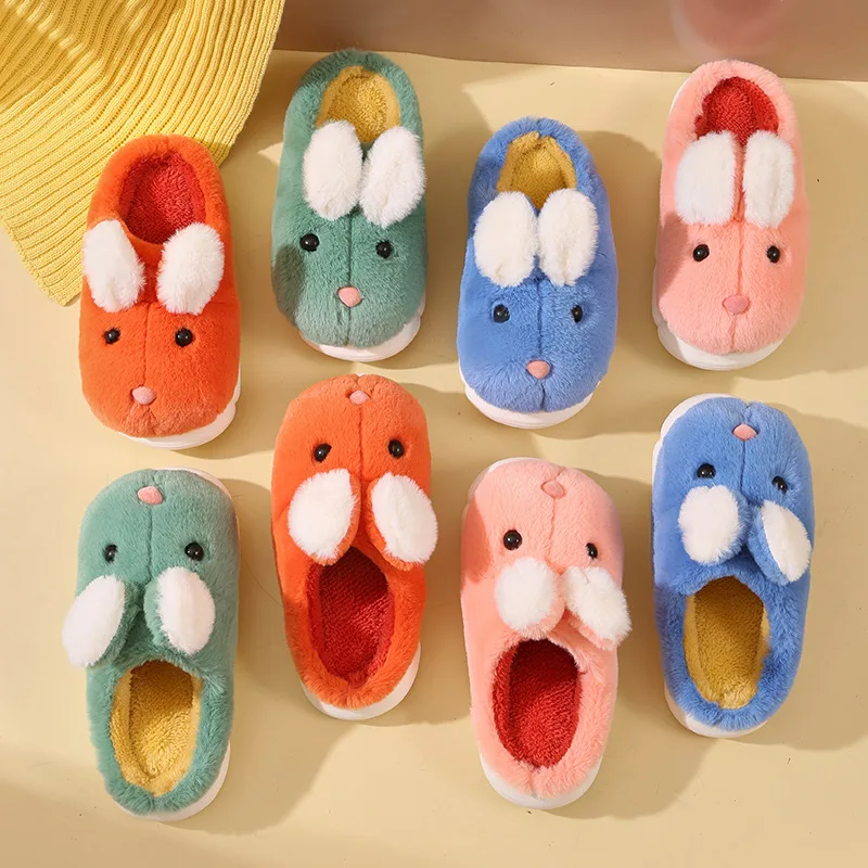 Kids'Slippers Plush Rabbit Fluffy Suede Winter Shoes For Children Anti-slip Thick Bottom Home Slipper Blue Pink Size 30-35