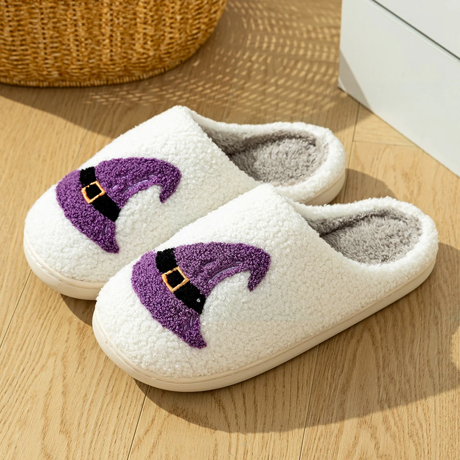 Fashion Women's Slippers Halloween Purple Elegant Witch Hat Bedroom Warm Soft Breath Sole Anti-slip Concise Party Cotton Shoes