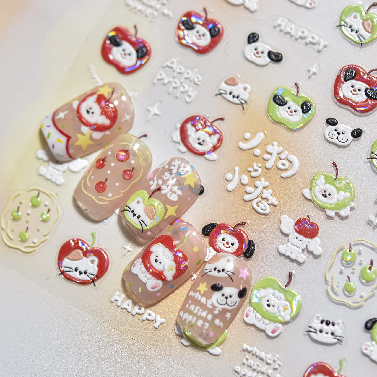 Lovely Red Green Apple Dog Cat Bowknot Star Jelly Peach Fruit Heart Flowers Charms Nail Art Stickers Decorations Manicure Decals