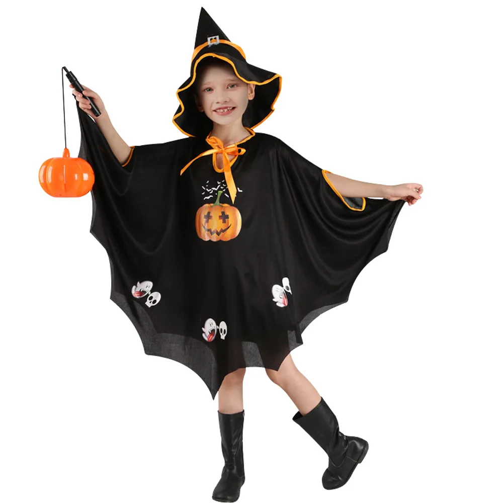 Halloween Children Funny Cute Witch Coat Cosplay Costume Boy Holiday Party Black Cape Stage Performance Pumpkin Cape Clothes