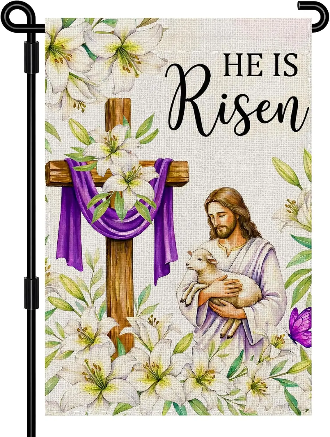 He Is Risen Easter Garden Flag 12x18 Inch Double Sided Outside flag, Jesus, Lamb, Cross, Bouquet of Lilies Yard Outdoor East PPZ