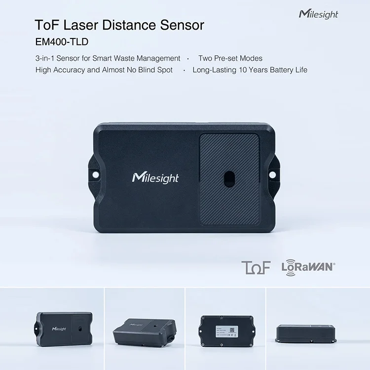 EM400-TLD ToF LoRaWAN/NB-IoT Optical Distance Sensor 2-350 Cm 10-Year Battery IP67 Waste Bin Fill Level Fire Tilt Alarm