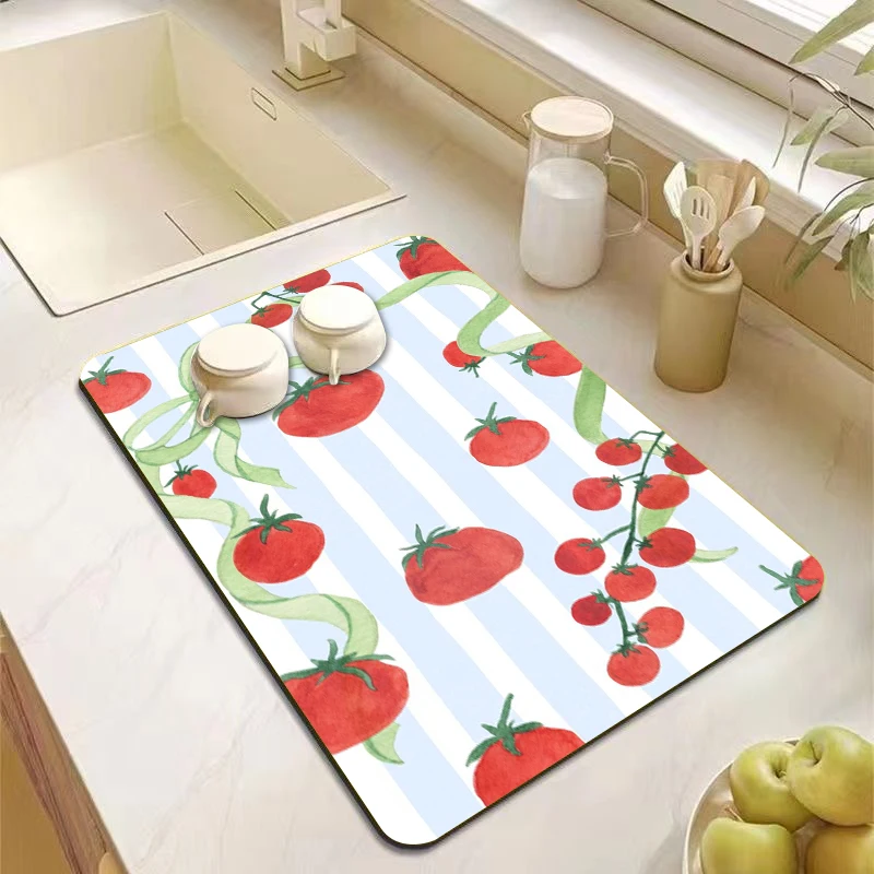 Tapete de Cocina con Diseño de Tomate en Acuarela, Azul a Rayas, Decorativo, para Secar Platos, Bonito Tapete para Mesa de Cafetería o Bar