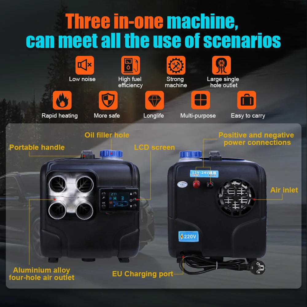 В наличии! Автомобильный обогреватель мощностью 2-8 кВт, 12 В/24 В/220 В, горизонтальный воздушный дизельный обогреватель с 1/4 отверстиями