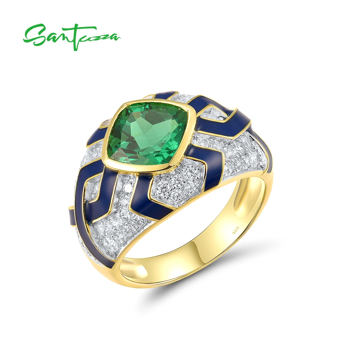 SANTUZZA Genuine 925 Sterling Silver Rings For Women Sparkling Green Spinel Modern Enamel Party Elegant Wedding Fine Jewelry