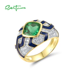 SANTUZZA Genuine 925 Sterling Silver Rings For Women Sparkling Green Spinel Modern Enamel Party Elegant Wedding Fine Jewelry