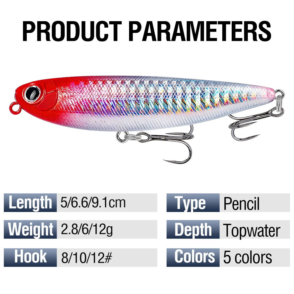 5Pcs Top Wasser Bleistift Angeln Locken 5/6,6/9,1 cm Schwimmende Swimbait Wobbler Künstliche Harten Köder Mit 2 Drillinge Für Bass – Detail 2