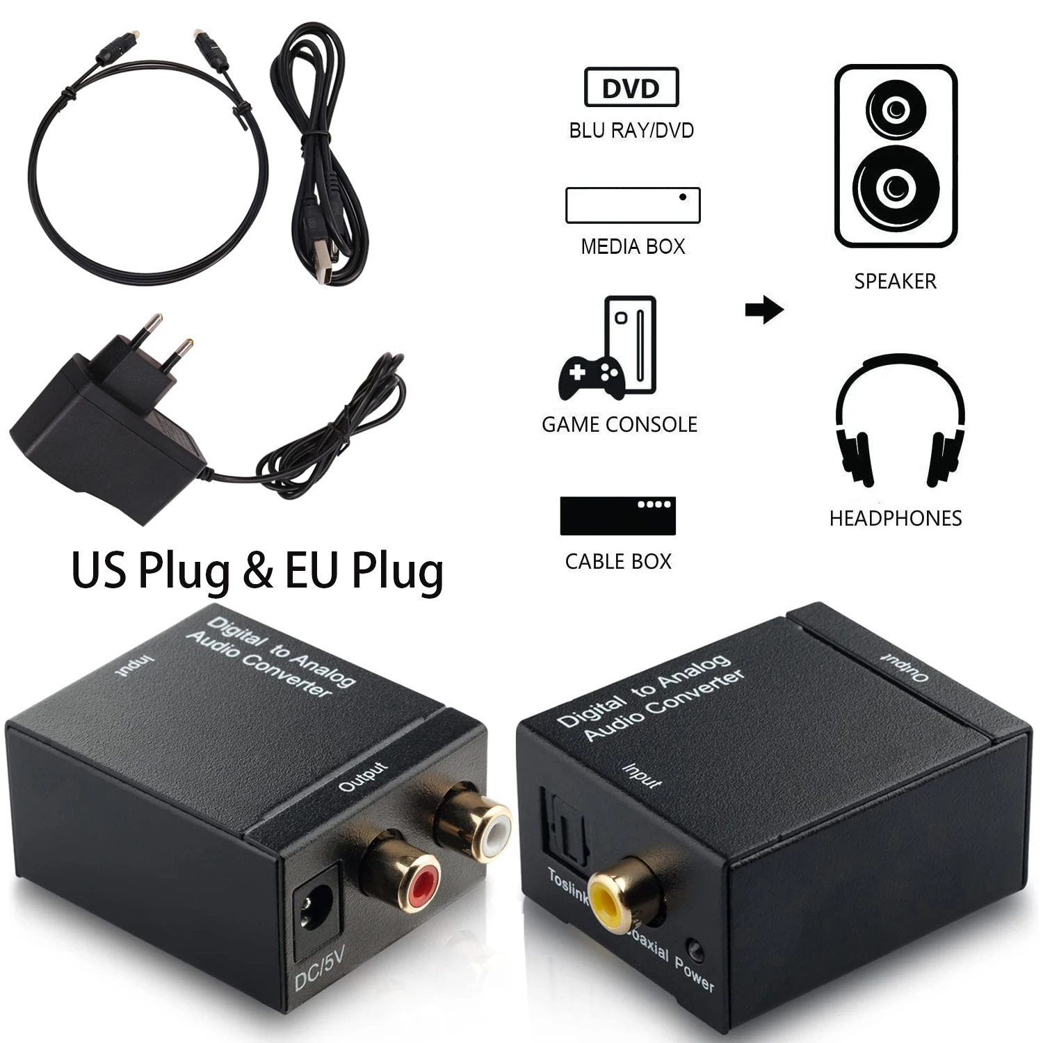 Digital Optical Coax RCA(R/L) Output Digital Audio To 5.1 Coaxial  Toslink Digital Signals To Analog RCA Audio Converter Adapter