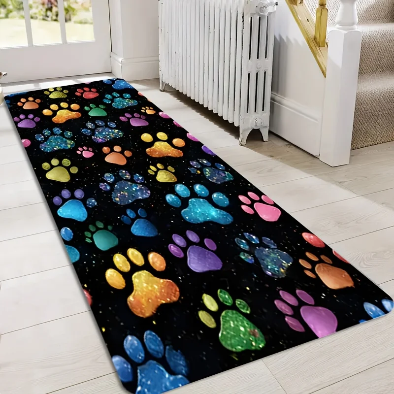 Cute Dog Paw Print Kitchen Mat Colorful Galaxy Runner Rug Glitter Rainbow Cat Footprint Hallway Entrance Floor Carpet Decor
