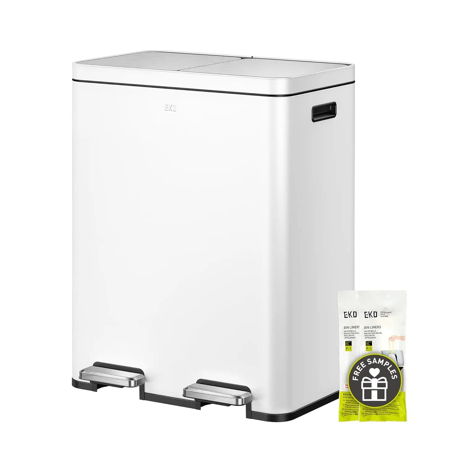 

Dual Compartment Stainless Steel Kitchen Trash Can with Step Pedal, 8+8 Gallon Capacity for Recycling and Waste