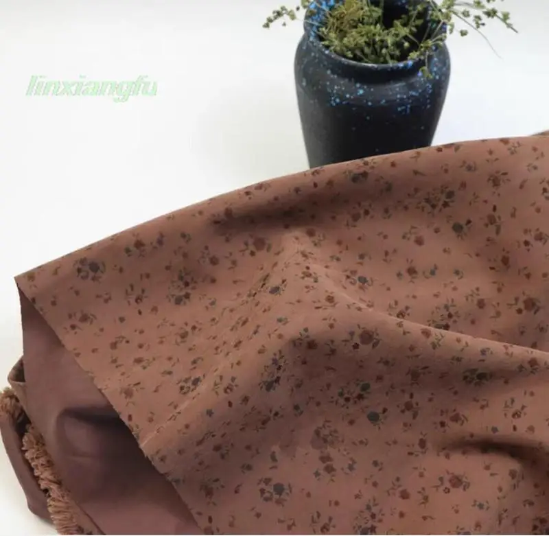 Vintage brown coffee colored small floral fabric, peach skin fine velvet fabric, pastoral clothing dress fabric, luggage fabric