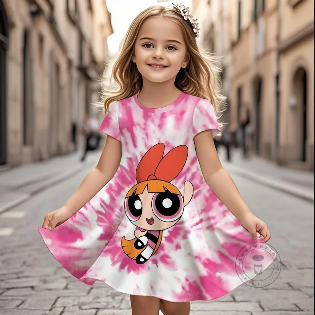 

Милое популярное платье с мультяшным принтом Powerpuff для девочек, летнее облегающее платье Kawaii с 3D принтом и короткими рукавами, круглым вырезом, детское От 3 до 14 лет