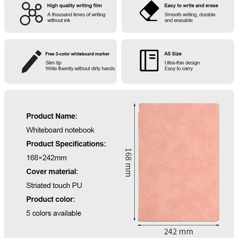 دفتر مذكرة للسبورة البيضاء مقاس A5 قابل لإعادة الاستخدام مع قلم سبورة بيضاء مجاني لمسح القماش وأجهزة الكمبيوتر المحمولة الأسبوعية