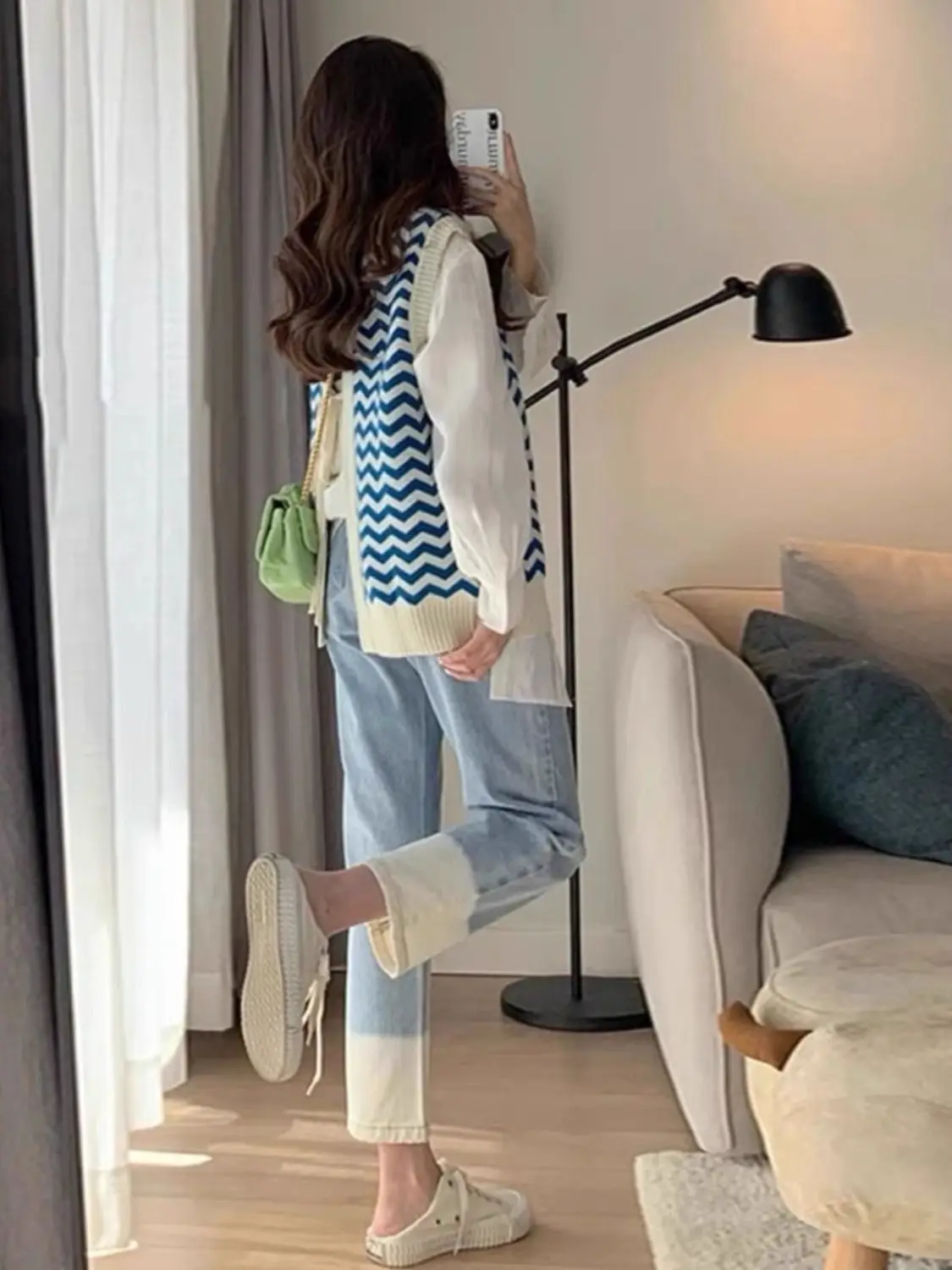 2024 Korean version new autumn and winter outfit small knitted vest+fashionable shirt milk jeans three piece set