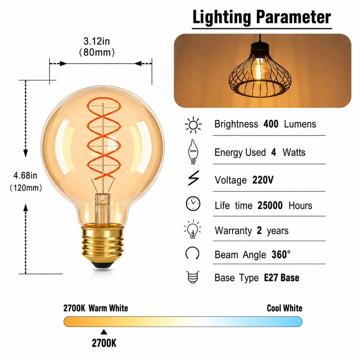 Vintage G80 LED Globe Bulb E27 Amber Colorless Glass Spiral Filament 2700K Warm White Flicker Free Decorative Lamp for Home Cafe