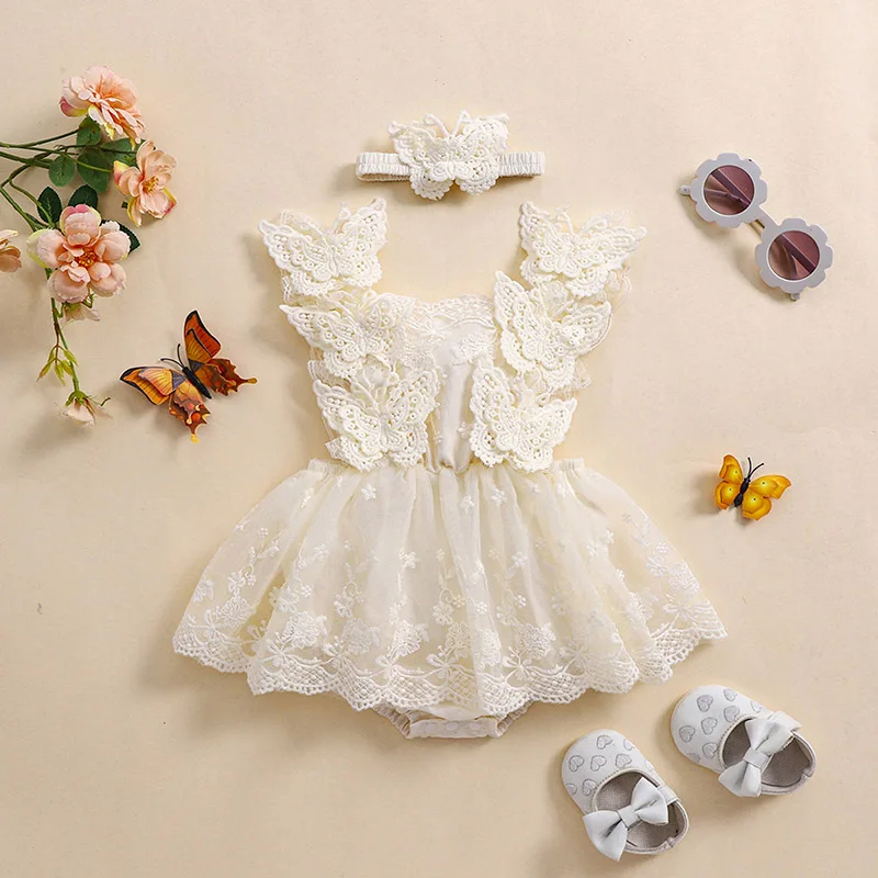 

Infant Girls Floral Romper Dress with Ruffle Sleeves and Matching Headband - Adorable Lace Butterfly Design and Mesh Skirt