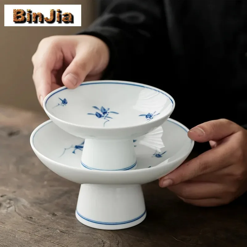 

Фруктовая тарелка с бабочкой и орхидеей, ручная роспись, белый фарфор Dehua, чайный стол для гостиной, тарелка для фруктовых закусок с высокими ножками