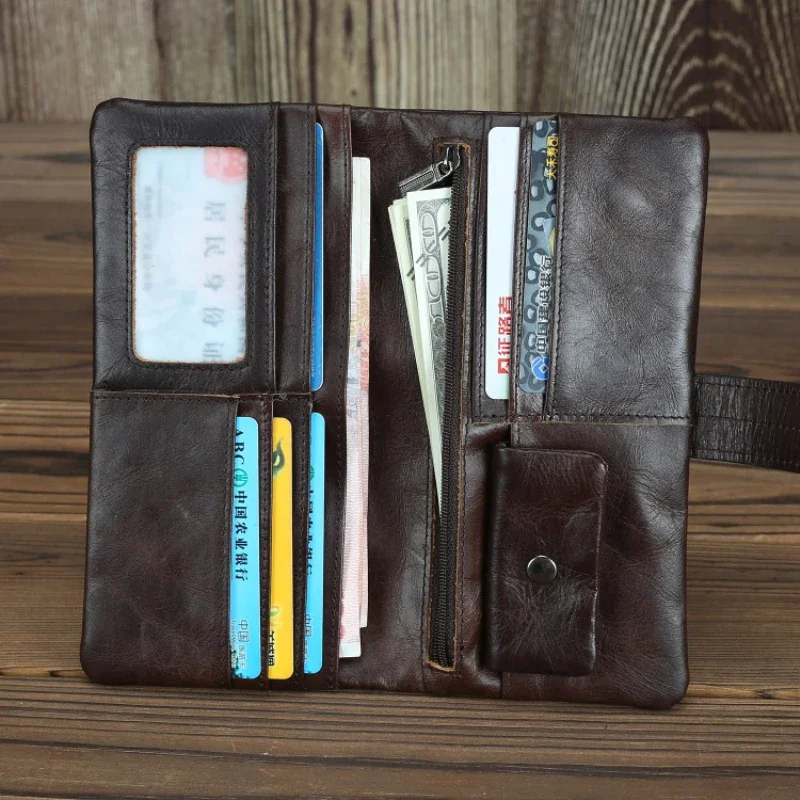 Genuine Leather Men\'s Long Wallet Real Cowhide Leather Long Purse Men Women Smooth Skin Leather Card Purse Anti Theft