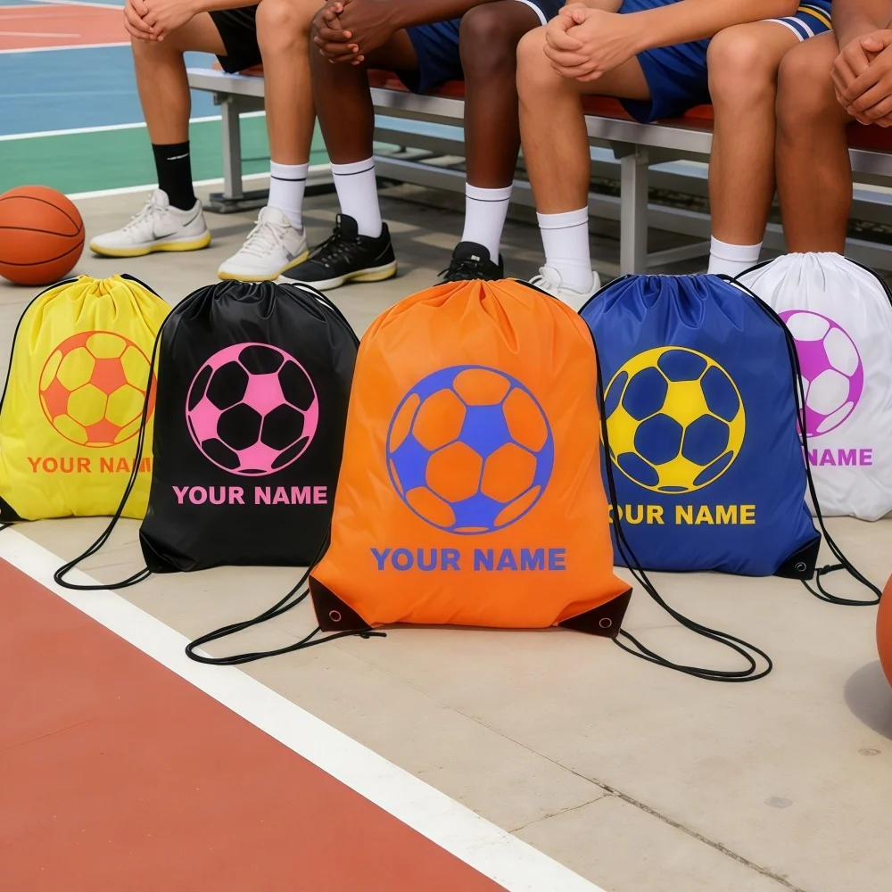 Custom Name Soccer Drawstring Backpack Reinforced Corner Polyester Gym Sack Personalized Football Sports Bag for Kids view 6