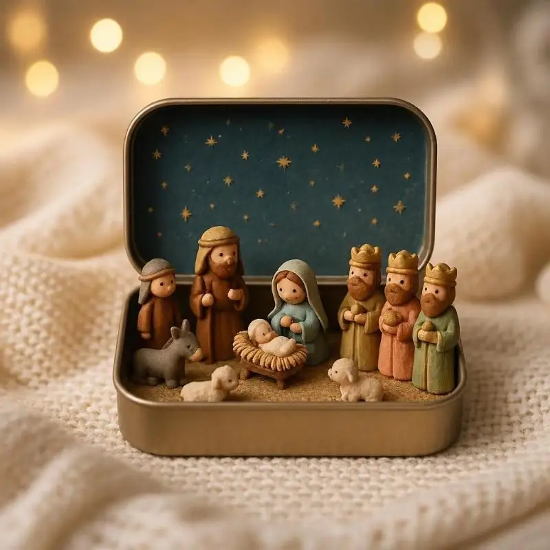 Mini Christmas Nativity Set In Tin Box Cute 3D Printed Figures Manger Set Iron Box For Christmas Home Decoration Holiday Gifts