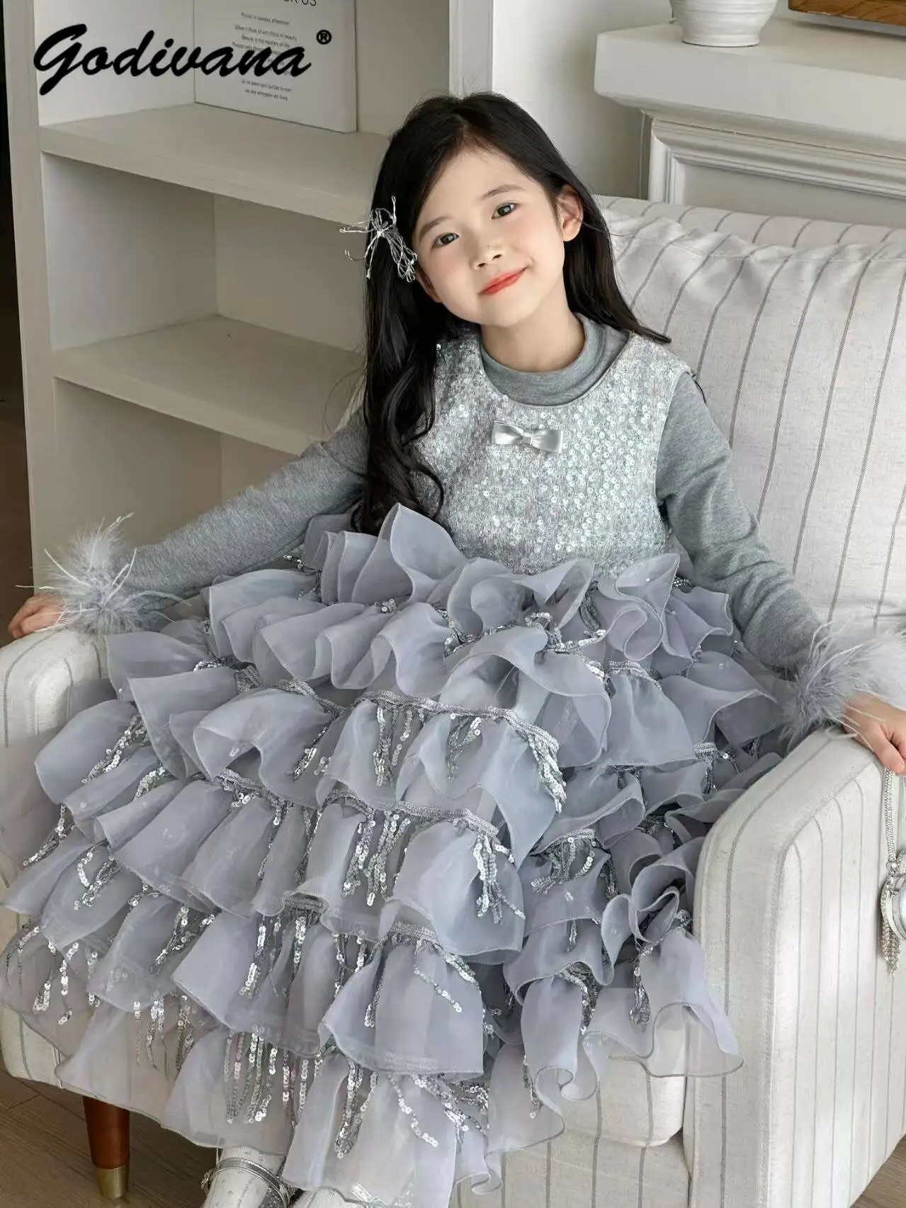 Sweet Girls 2026 Spring and Autumn New Princess Cake Dress Childrens Luxury Sequin Mesh Birthday Party Vest Dress Two-piece Set