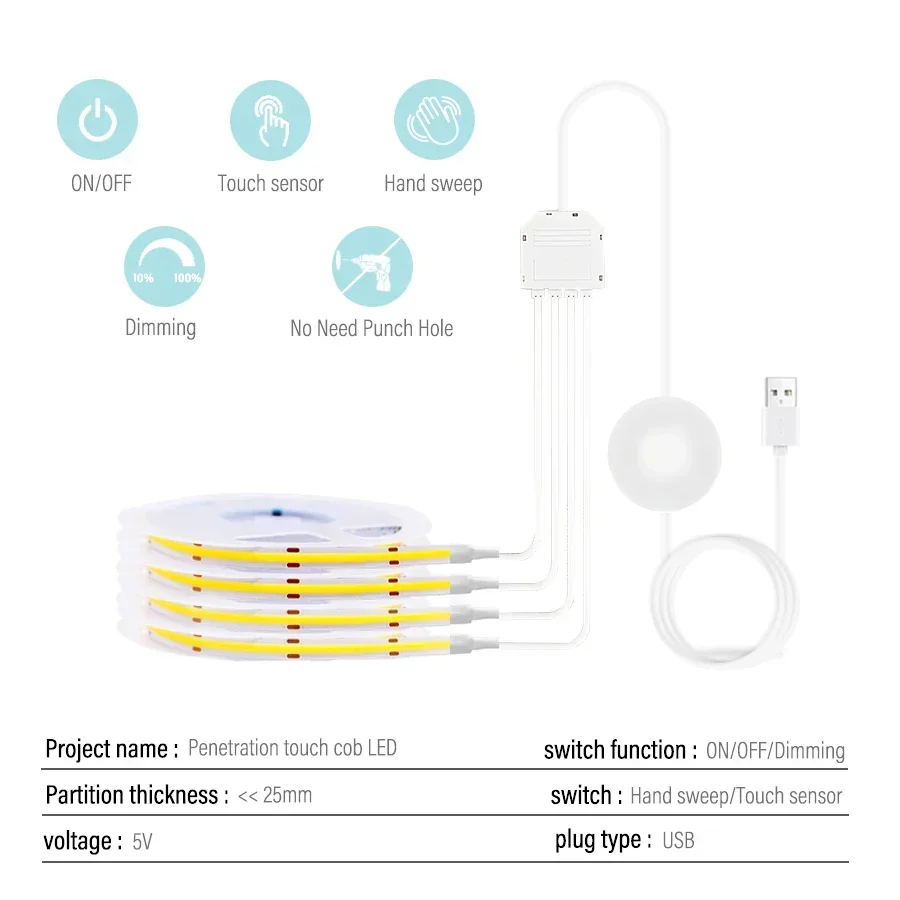 COB LED Strip Under Cabinet Light Collection Dimmable USB Penetrable Kitchen Bathroom Lamp Lighting Touch Hand Scan Sensor