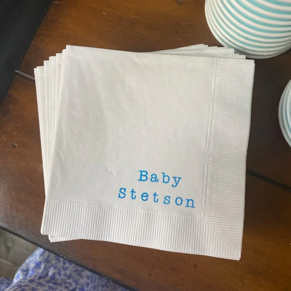 Personalized Baby Napkins, Minimalist Baby Shower Custom Cocktail Napkins Bright Blue ink Baby Birthday Beverage Napkins, 50Pcs