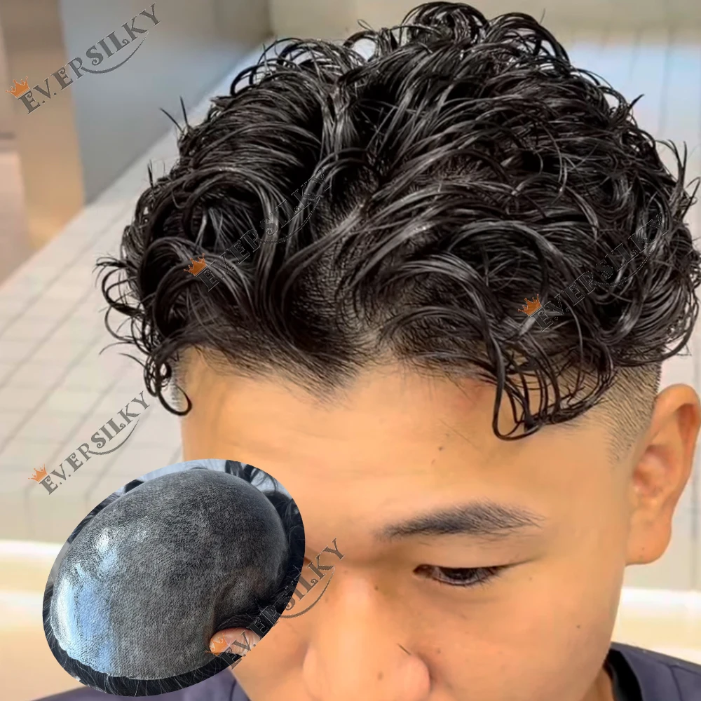 Natürliche Haarlinie Herren-Toupet 1b20 1b50 Grau Schwarz Unmerkliche Poly-Skin PU Herren Dunkelbraune Echthaar-Perücke Ersatz Langlebig – Detail 1