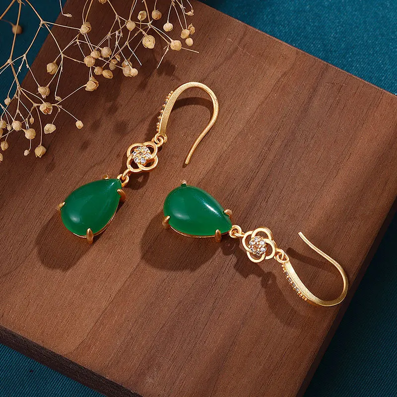 

Classic design Chinese classic accessories ancient gold craft water drops natural green chalcedony earrings for women jewelry