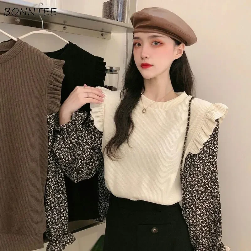 

Поддельные пуловеры из двух предметов, женские весенне-осенние оборки, дизайн с цветочным принтом, модный универсальный трикотаж, повседневный мягкий эстетичный дизайн