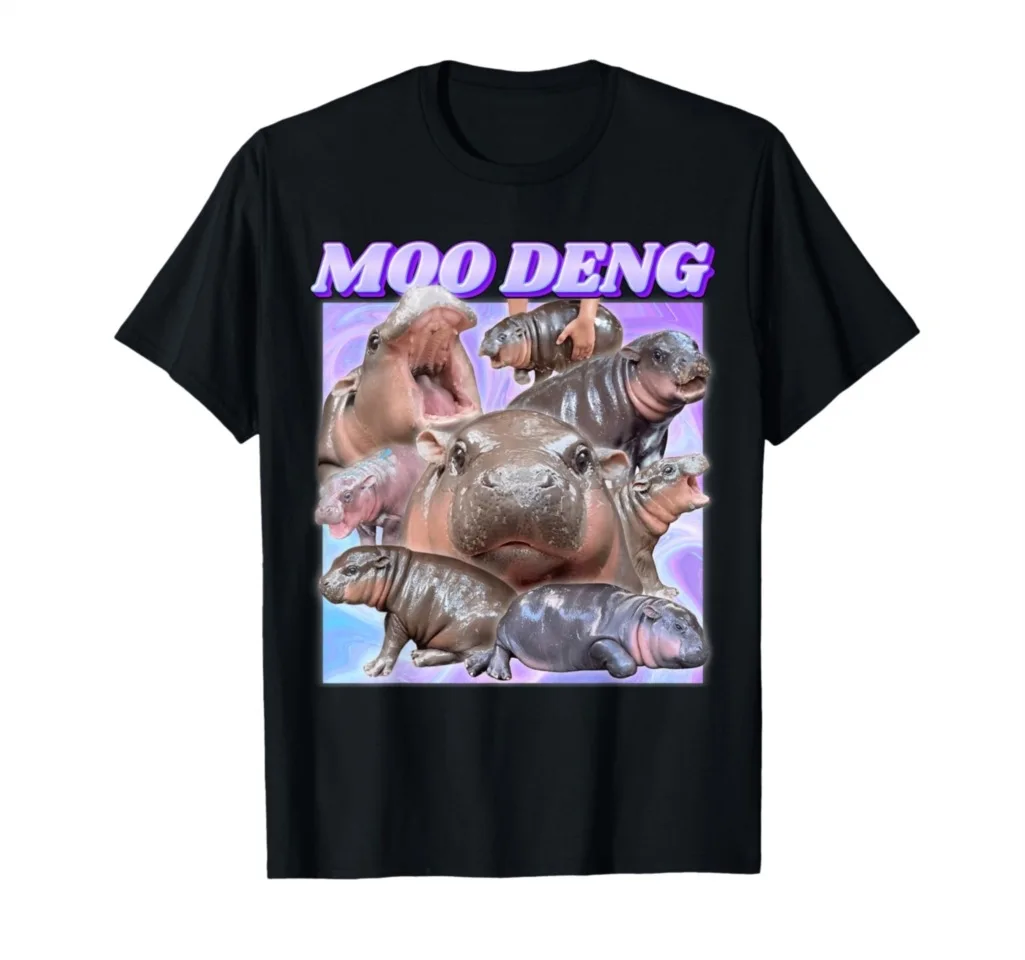 Moo Deng Funny print Men's and Women's Round Neck Short Sleeved T-shirt Plus Size Youth Short Sleeved Top T-shirt