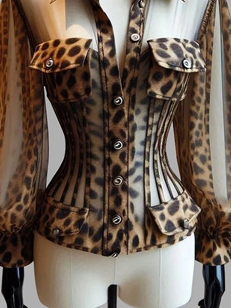 Women's Leopard Print Sheer Corset Blouse Sexy Mesh Long Bell Sleeves Button Up Slim Fit Summer Elegant Office Ladies Chic Shirt view 2