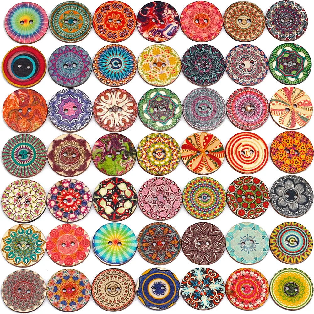 50/100 PCS 25mm Mixed Random Painted Flower 2 Hole Round Wood Button For Clothing Sewing Crafting DIY Sewing Accessories