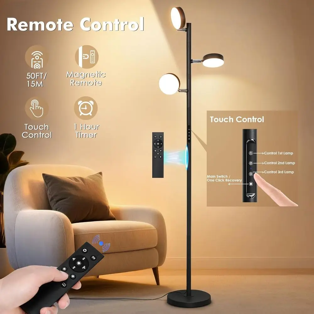 Modern Black Standing Lamp with LED Floor Light, Remote & Touch Control, 3000K-6000K Dimmable for Living Room, Bedroom, or Offic