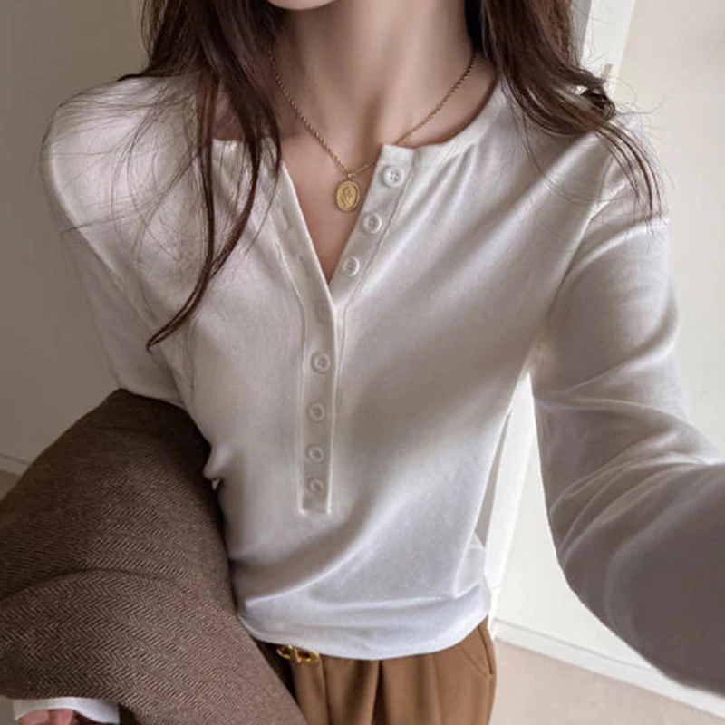 Chic Button Up Long Sleeve Pullovers Women Autumn Winter Warm Round Neck Slim Fit Basic Shirt Woman All Match Solid Color Tshirt