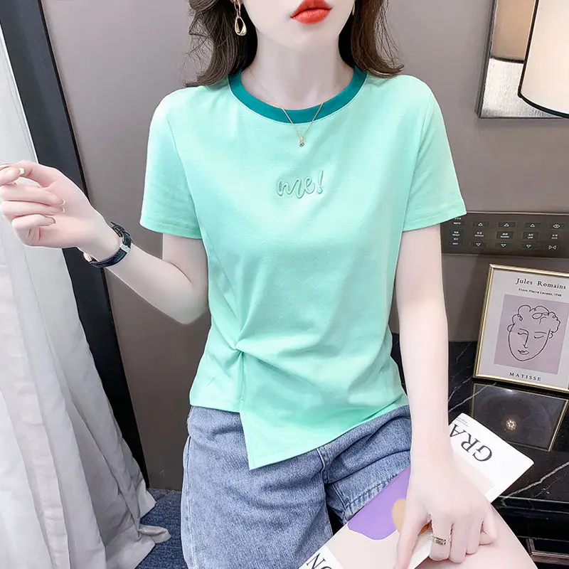 Female Kawaii Clothes Irregular Short Sleeve T-shirt Women's 2023 New Summer Round Neck Elegant Fashion Letter Split Crop Tops