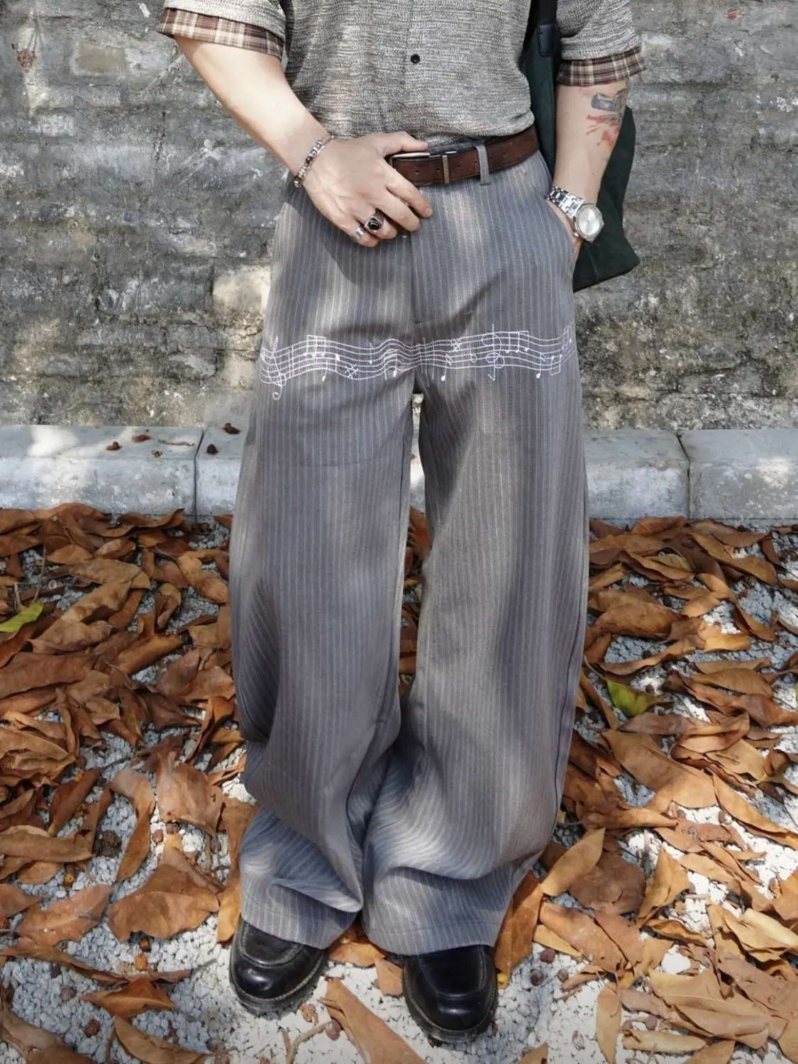 Men's Music Note Pattern Vertical Stripe Casual Pants Retro Boy Casual Bottom Wide Legs Sweatpants Male High Waist Thin Trousers