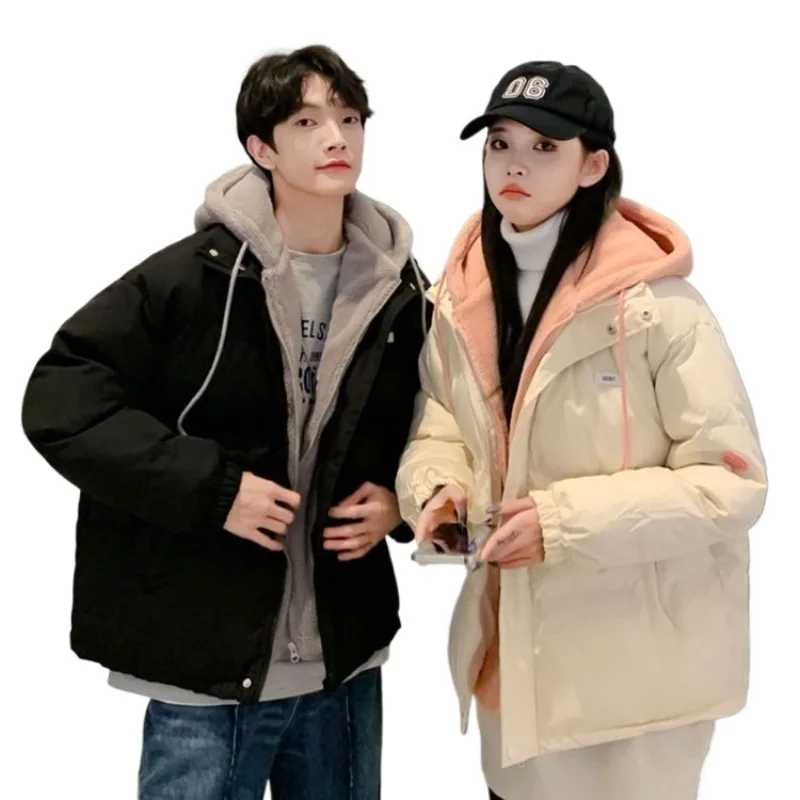 Ropa de pareja 2026, chaqueta acolchada con capucha de lana de cordero empalmada falsa de dos piezas, chaqueta cálida gruesa holgada, Parkas simples para ir al trabajo