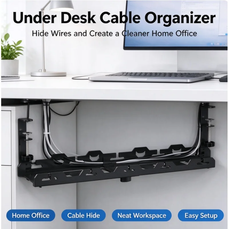 Under Desk Cable Management Tray, No Drilling Retractable Metal Wire Organizer, Power Strip Storage Rack for Home Office