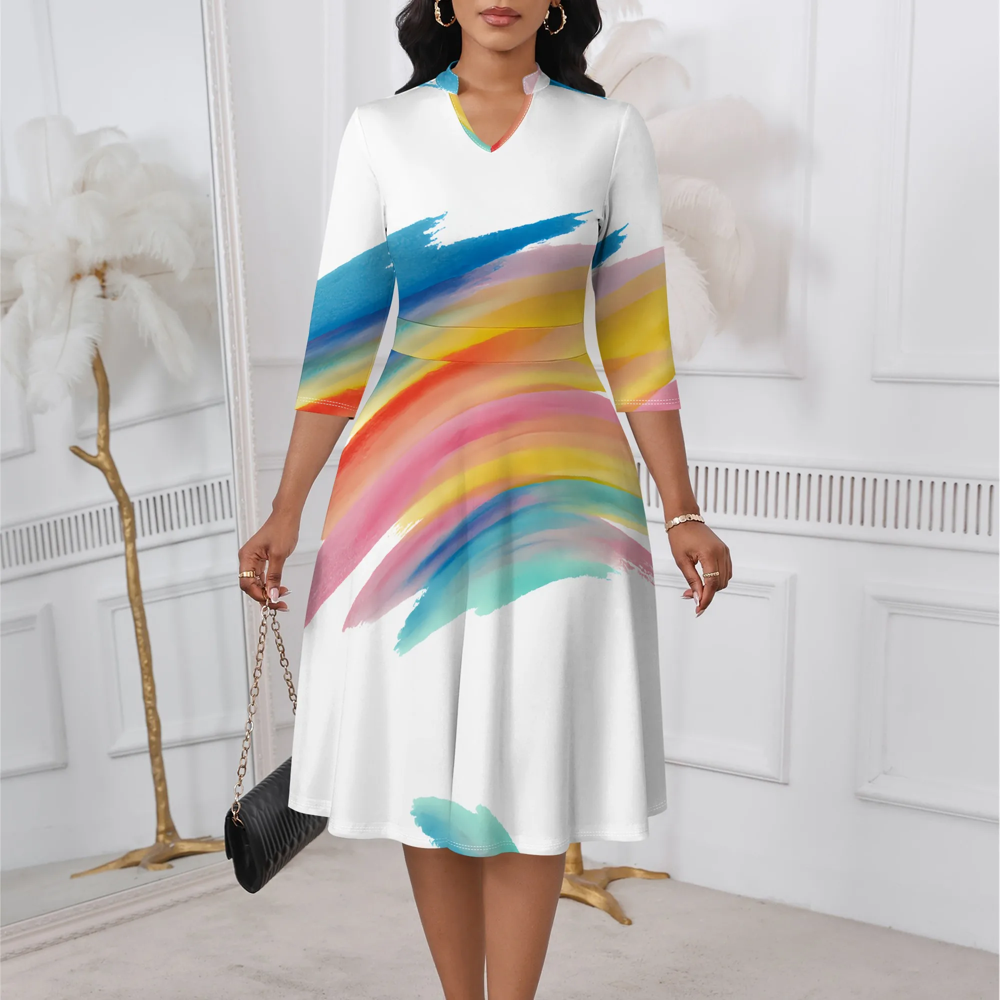 

Rainbow Brush Stroke Print Midi Dress XS-3XL V-Neck 3/4 Sleeve A-Line Style for Pride Parade, Summer Festival or Art Show