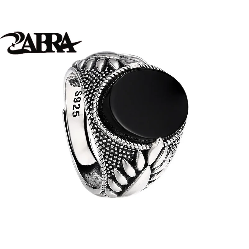 ZABRA Wholesale 925 Sterling Silver Ring, Black Agate Ring, Ring Opening, Thai Silver Retro Trendy Personality Jewelry.