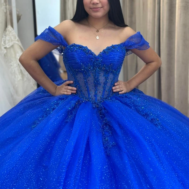 Abito da ballo blu royal lucido Abiti Quinceanera con spalle scoperte Applique in pizzo Perline Tull a strati di cristallo Festa di compleanno Dolce