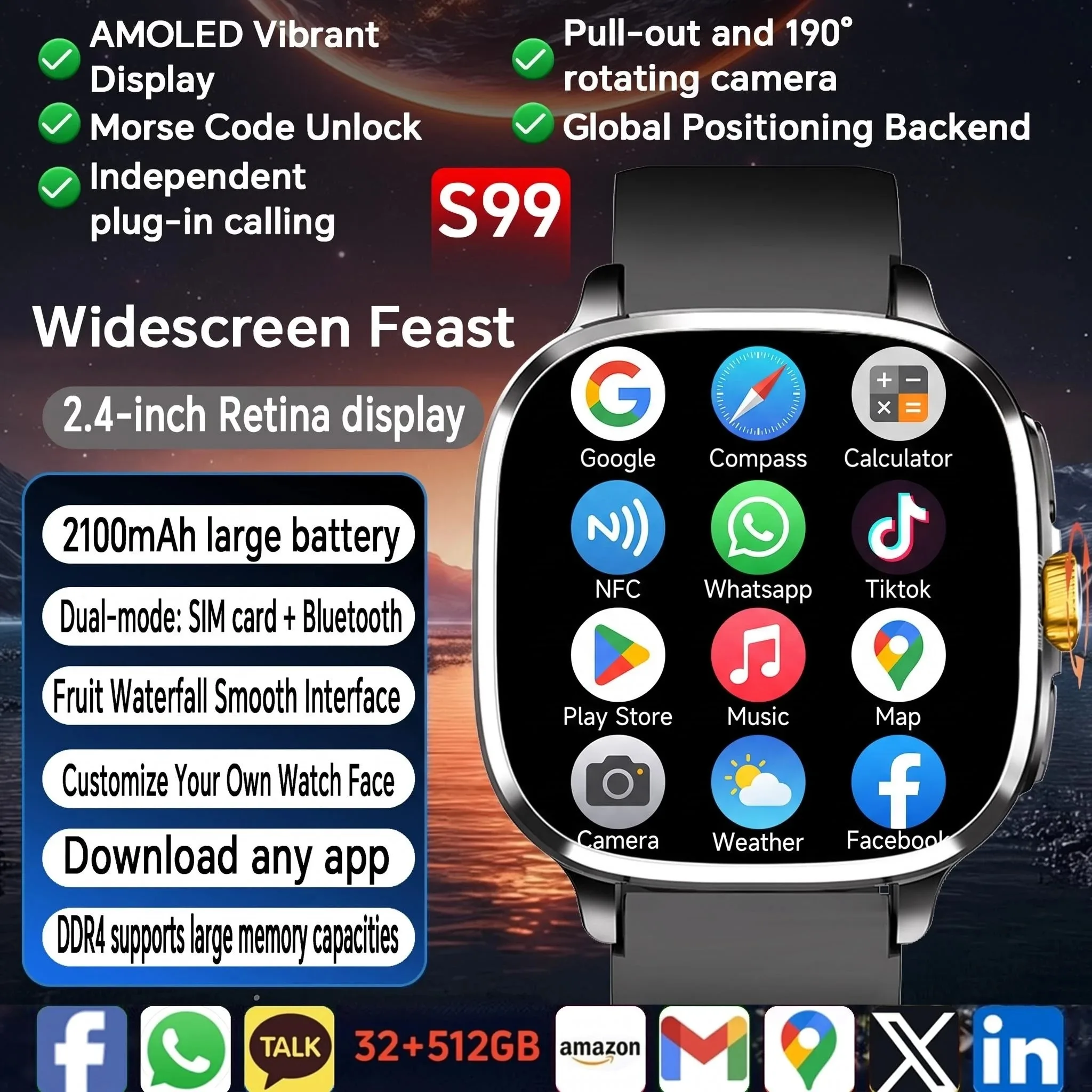 5G Full Netcom S99 Smartwatch Android 13.0 Smart Watch With 190° Rotating Camera NFC Compass IP67 Waterproof Google Play Store